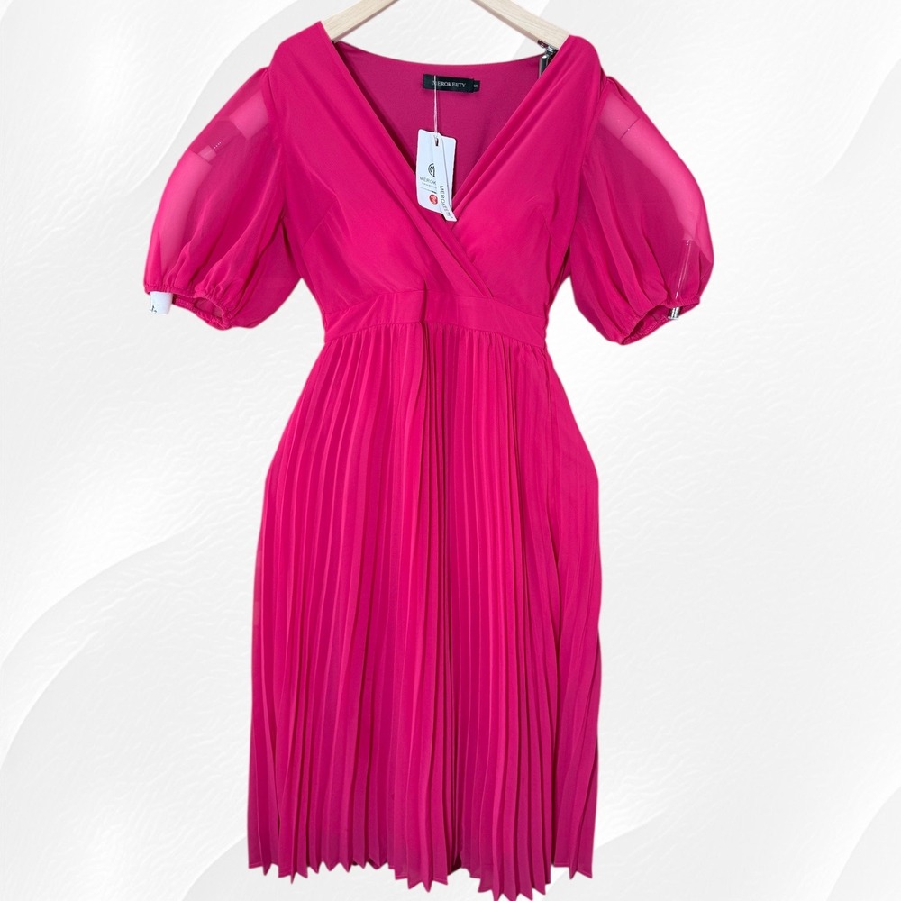 Merokeety Pink Pleated Dress‎ Puff Sleeve V Neck Party Cocktail Size Small
